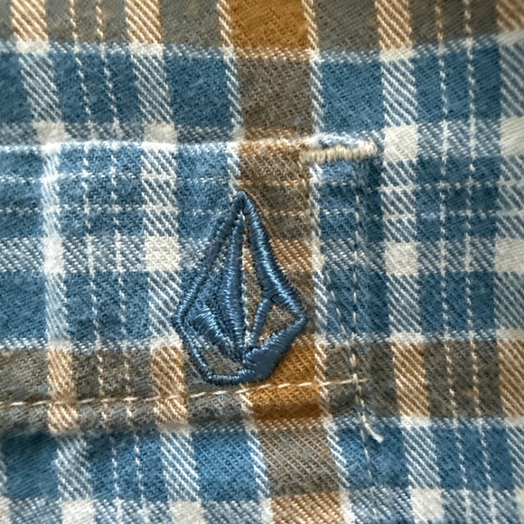 Men's Volcom Plaid Flannel Long Sleeve Shirt Size Medium Blue Gold Fall Hike EUC - Picture 6 of 8